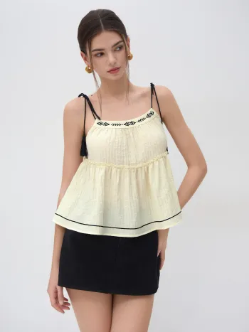 Square Neck Embroidery Lettuce Trim  Cami Top