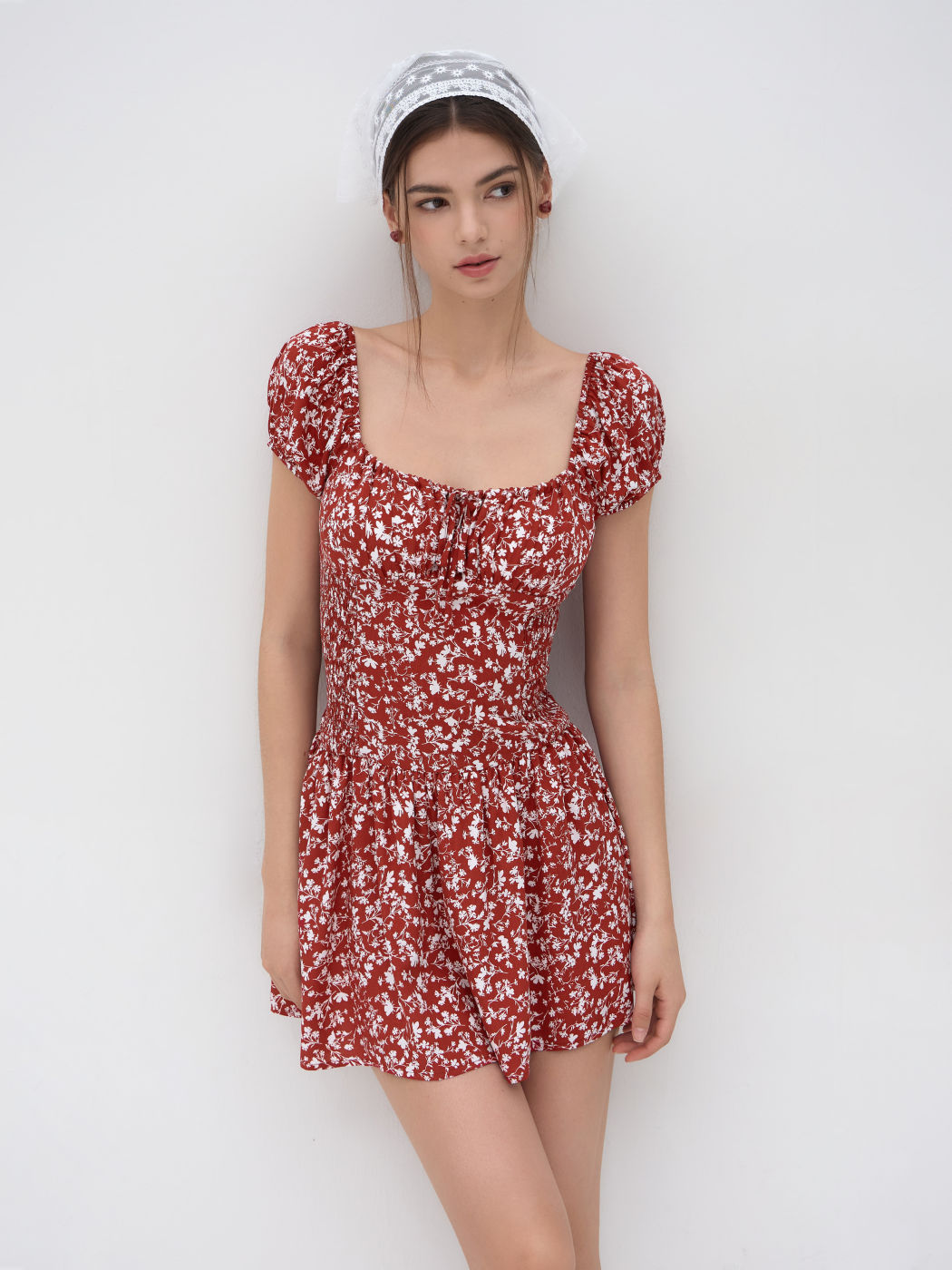 Square Neck Floral Knotted Shirred Ruffle Mini Dress