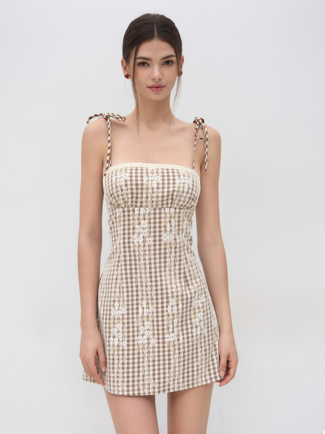 Floral Lace Gingham Bowknot Mini Dress