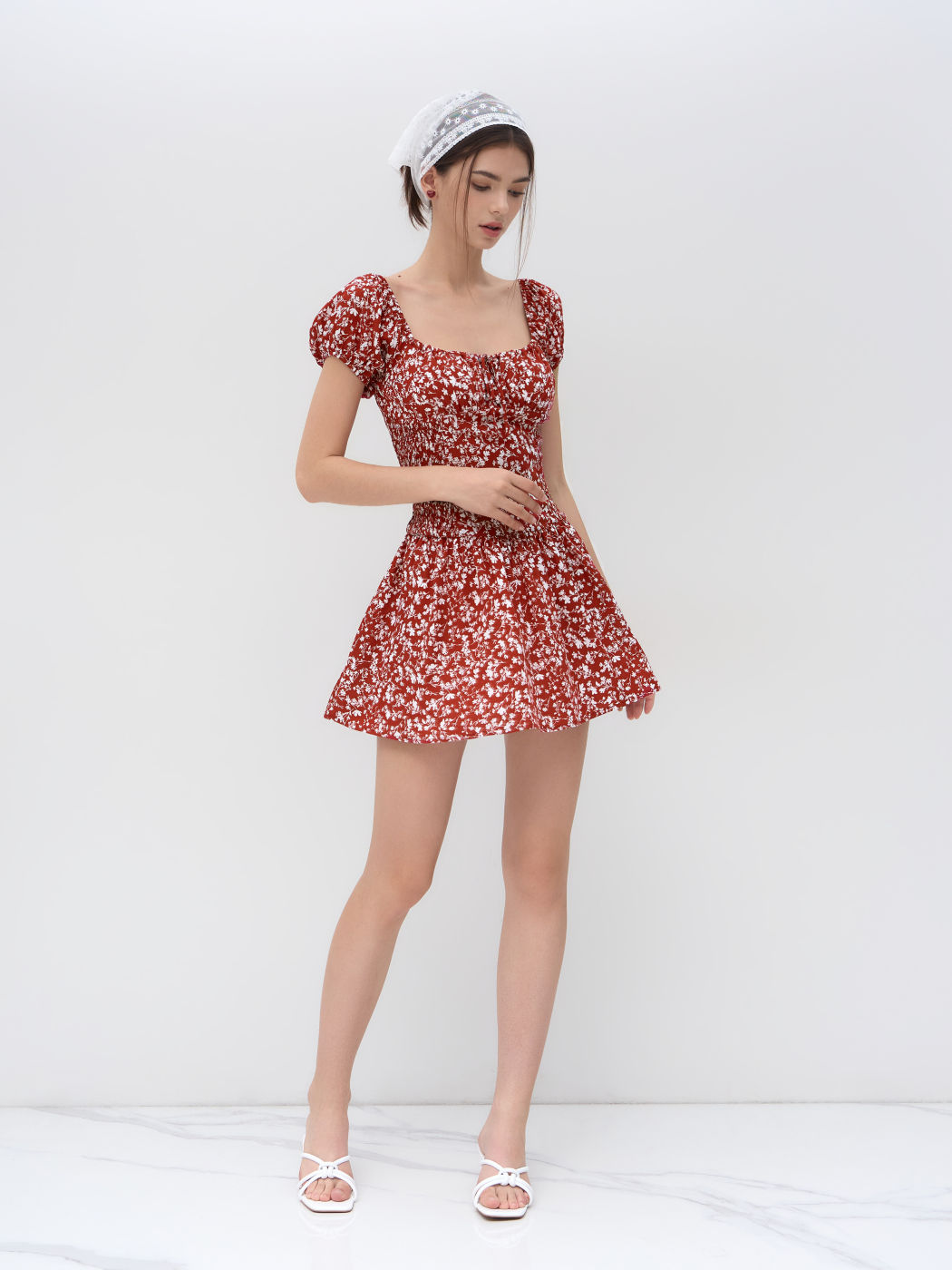 Square Neck Floral Knotted Shirred Ruffle Mini Dress