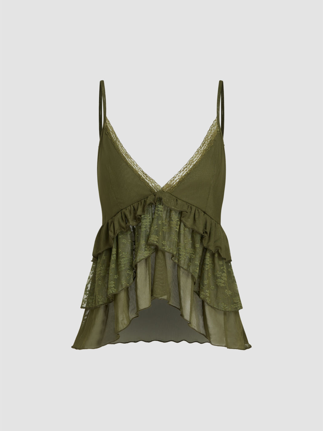 Mesh V-neck Floral Lace Trim Ruffle Cami Top