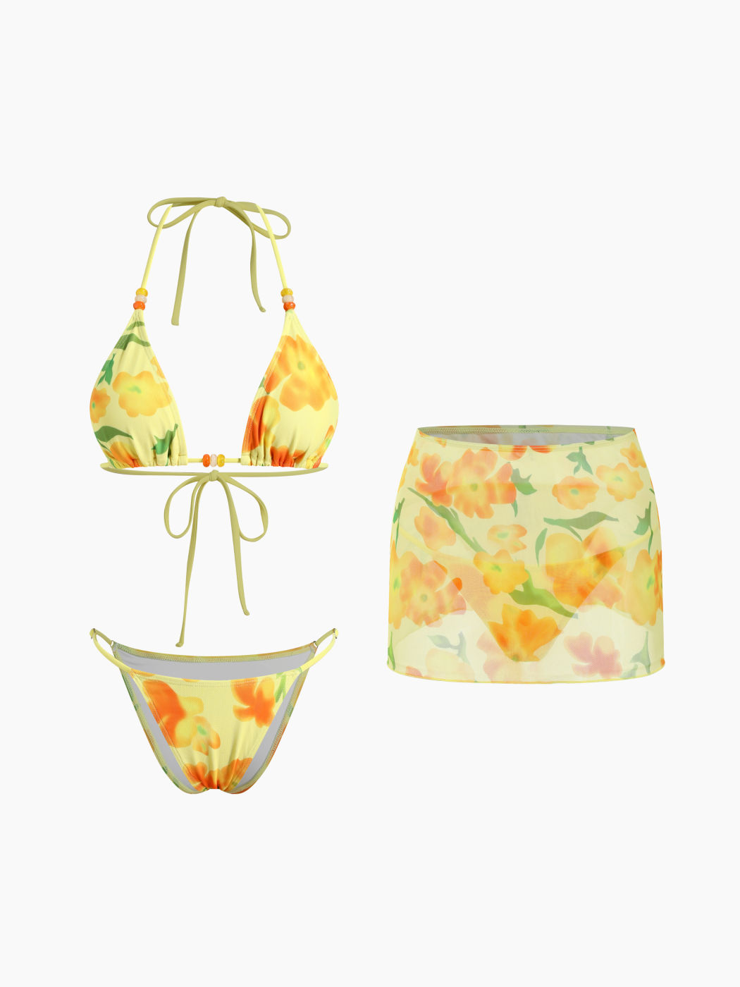 V-Ausschnitt Blumenmuster Perlenknoten Dreieck-Bikini-Set mit Sarong