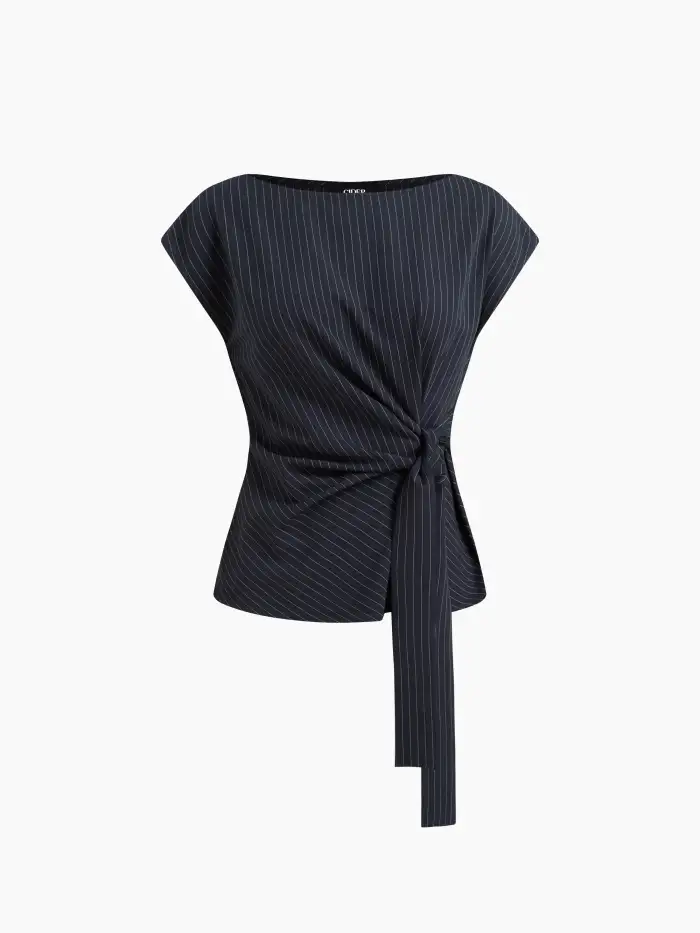 Woven Stand Collar Texture Ruched Knotted Tank Top For Work