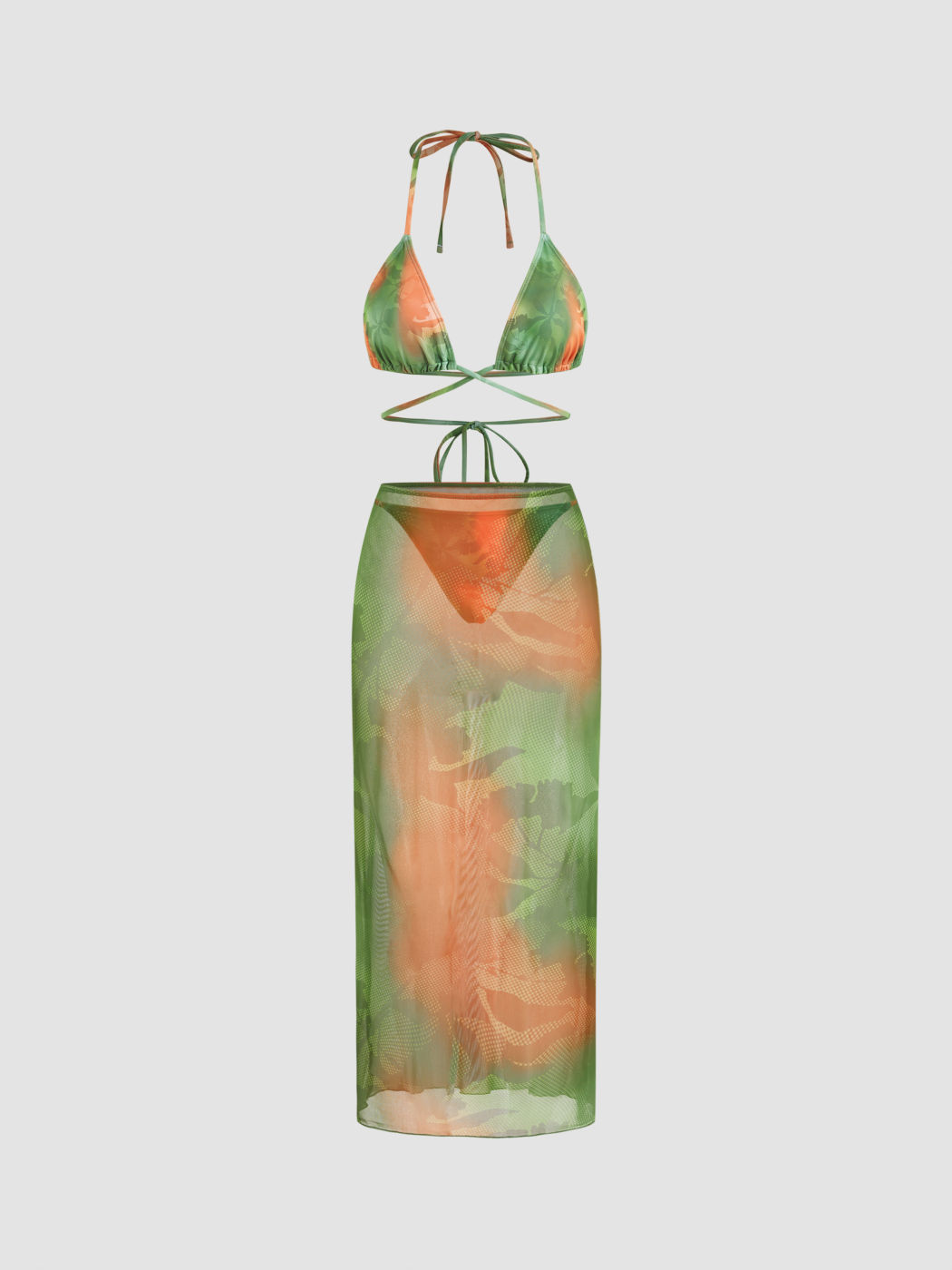 Halter Neckline Leaf Knotted Triangle Thong Bikini Set With Cover Up Skirt