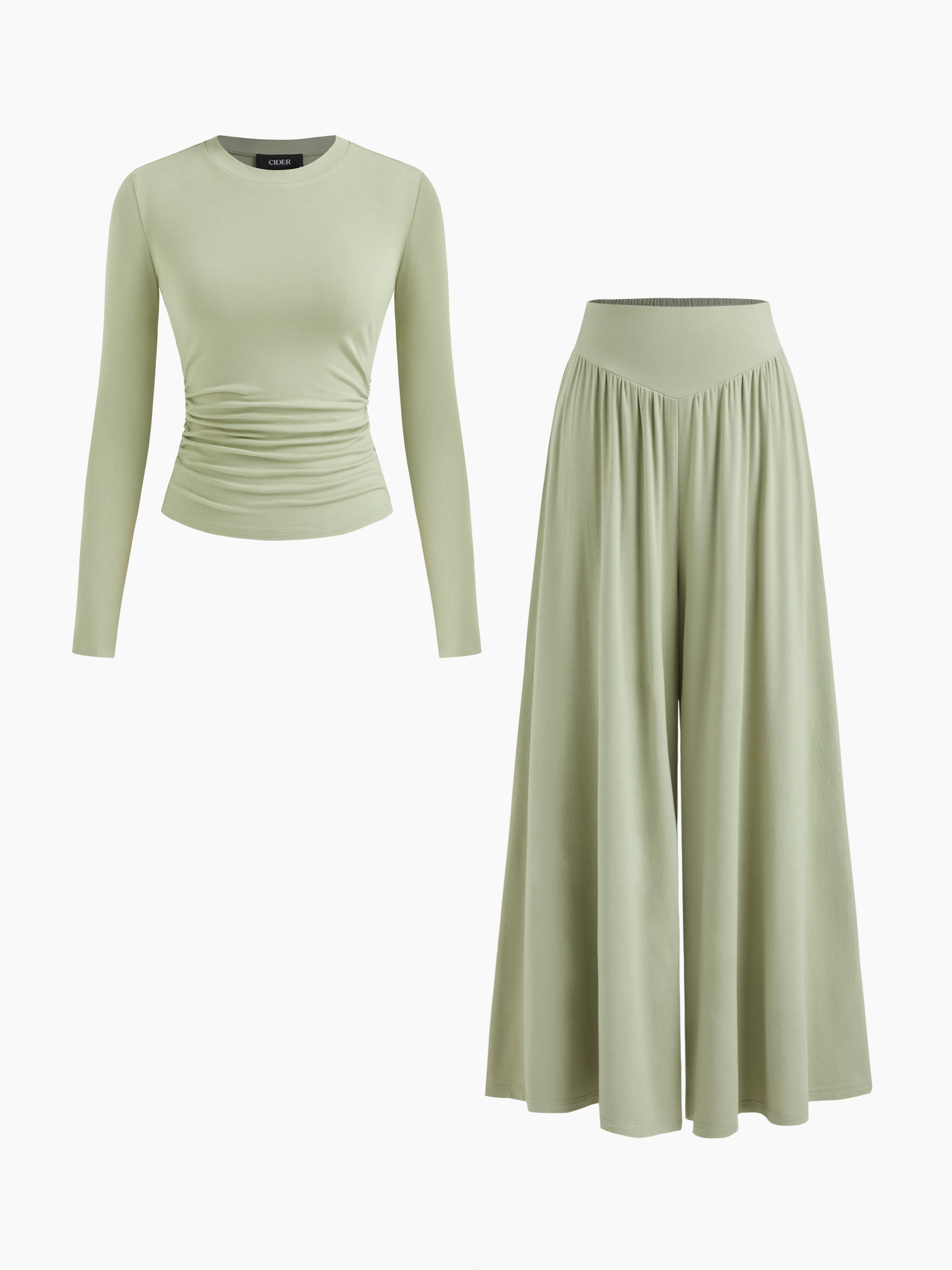 Tricot Round Neckline Solid Ruched Long Sleeve Top & Mid Rise Ruffle Hem Trousers Set For Décontracté quotidien