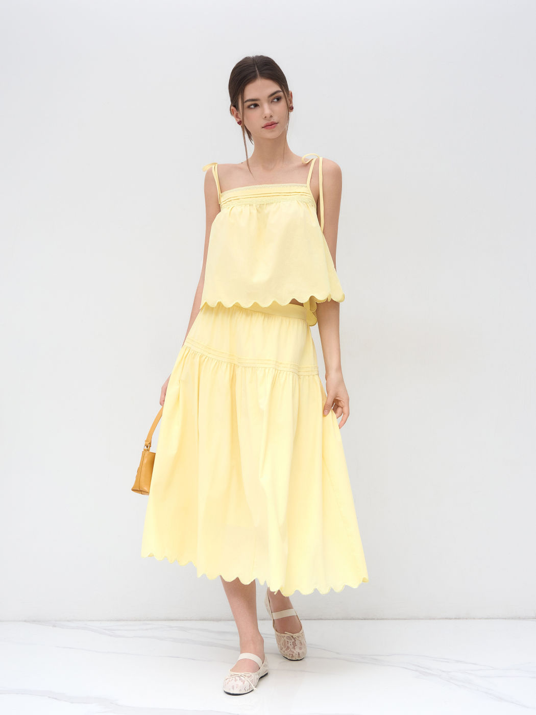 Baumwoll-Maxi-Skirt mit gekerbten Rüschen