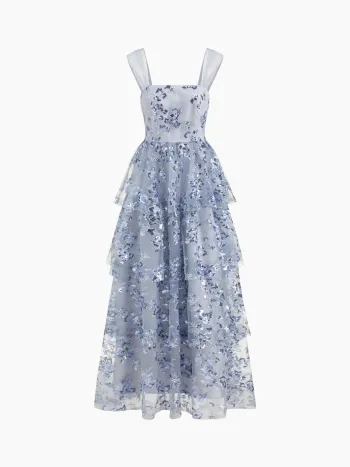 Mesh Square Neck Floral Sequin Tulle Layered Maxi Dress