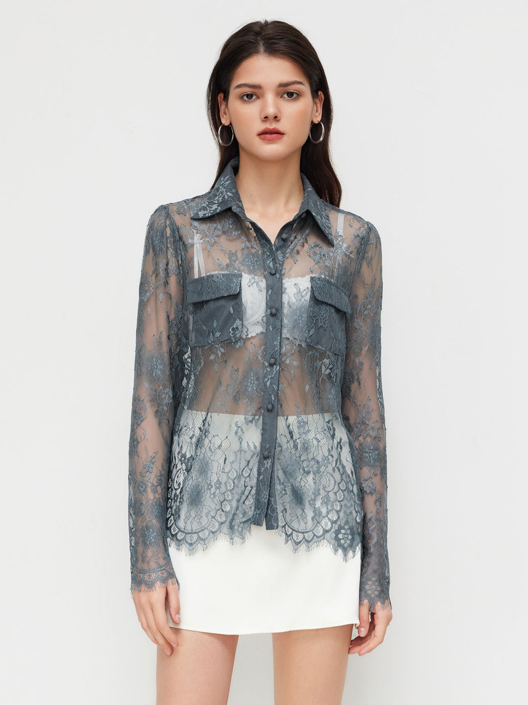 Lace Collar See-through Long Sleeve Top