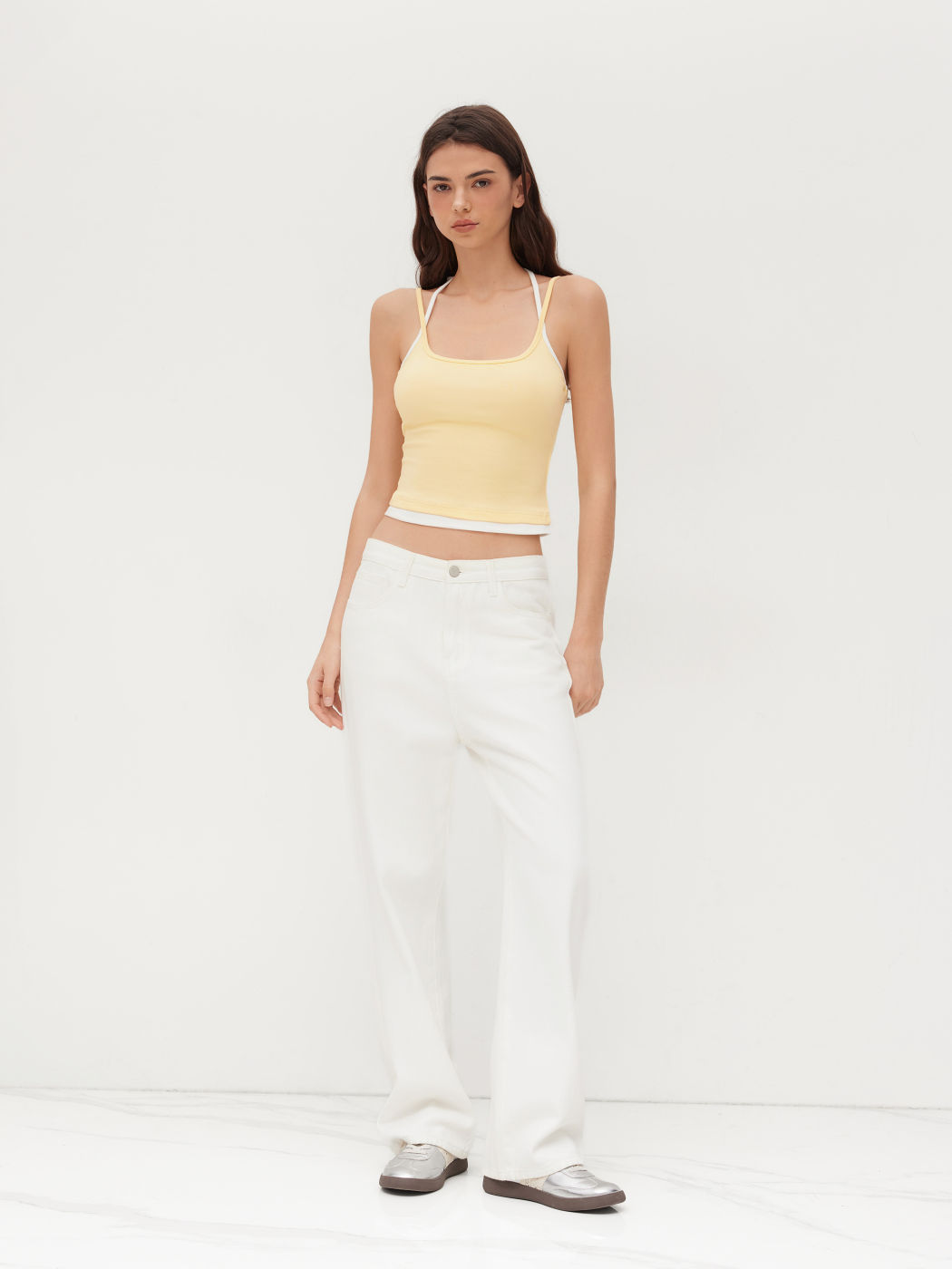 Cotton-blend Halter Neckline Two Tone Knotted Cami Top
