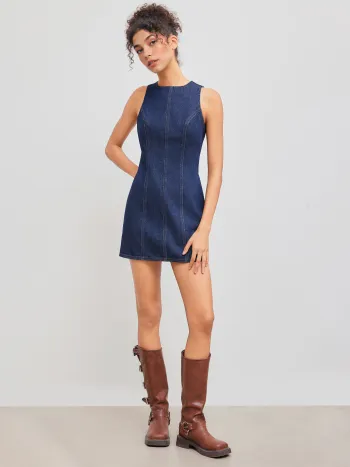 Denim Solid Zipper Sleeveless Mini Dress