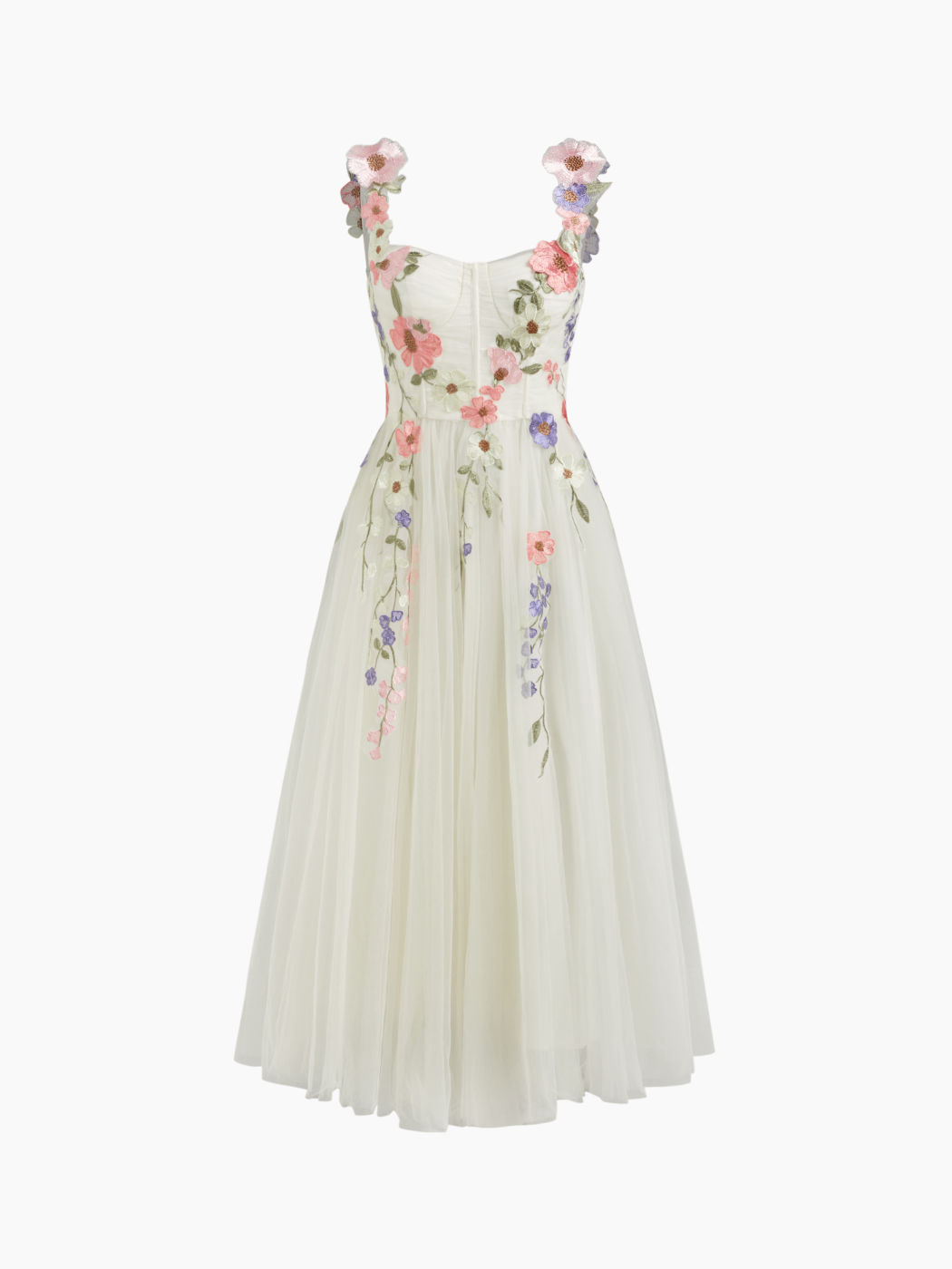 Mittellanges Tüllkleid mit Maschenstoff, quadratischem Halsausschnitt und floraler Korsettstickerei