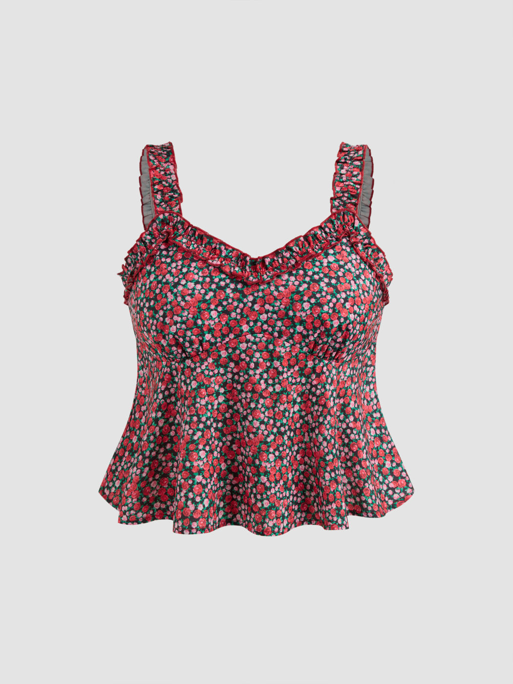 Top a costine con volant e finiture a lattuga floreale taglie comode e curvy