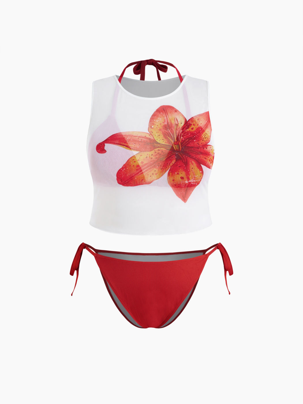 Knotted Triangle Tie Side Bikini Set & Flower Cover Up Top Curve & Plus