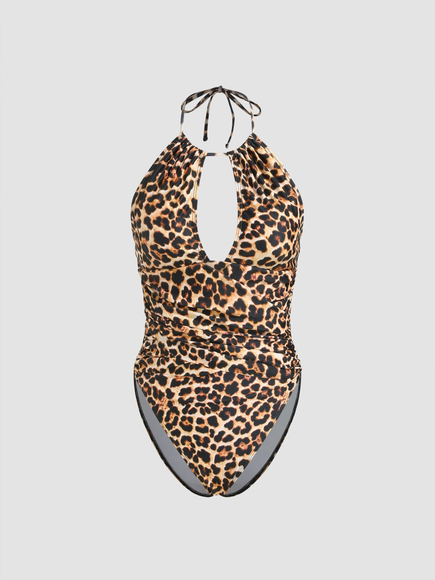 Shaping V-neck Leopard Cut Out Ruched One Piece Swimsuit