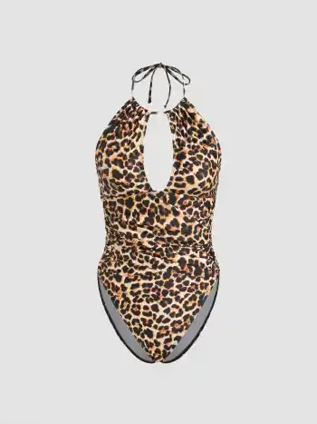Formgebendes V-Ausschnitt Leoparden-Cut-Out-Ruschene Einteiler Badeanzug