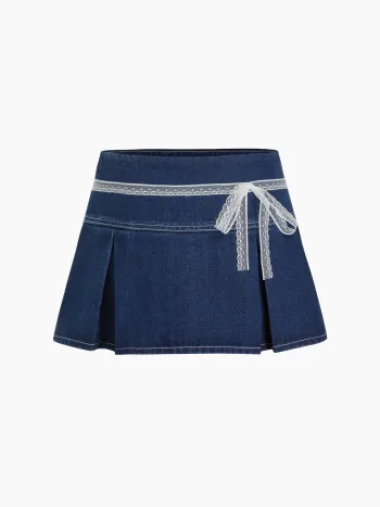 Denim Low Rise Lace Bowknot Pleated Micro Mini Skirt