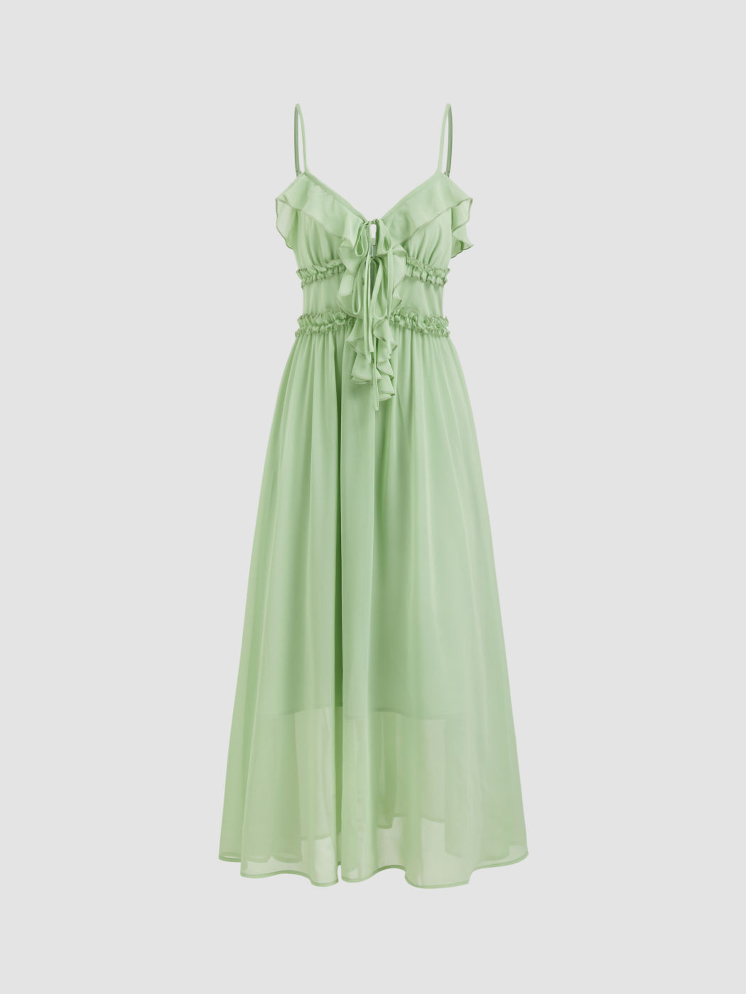 Chiffon V-Ausschnitt Rüschen Salatrand Knoten Midikleid