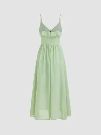 Chiffon V-Ausschnitt Maxikleid mit Rüschen und Knopfleiste