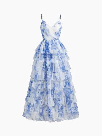Mesh-V-Ausschnitt Blumenmuster Maxikleid mit Schichtungen und Shirring