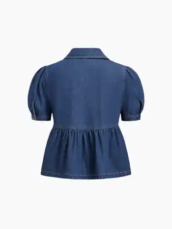 Denim Peter Pan Collar Ruched Puff Sleeve Blouse