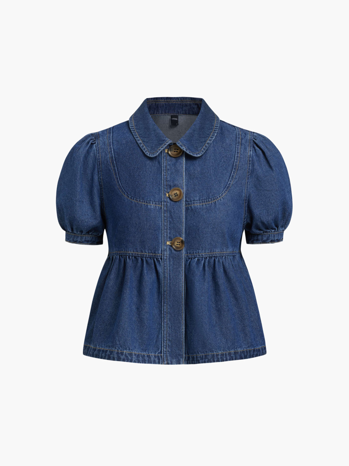 Denim Denim Peter Pan Collar Ruched Puff Sleeve Blouse For Daily Casual
