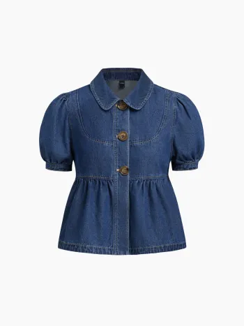 Denim Peter Pan Collar Ruched Puff Sleeve Blouse