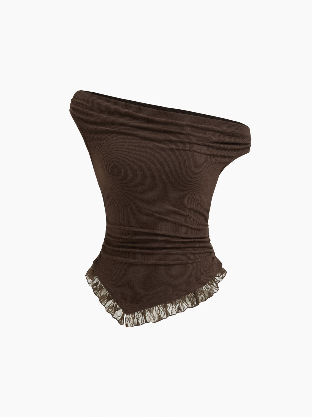 Top asimmetrico con scollo in pizzo e increspatura