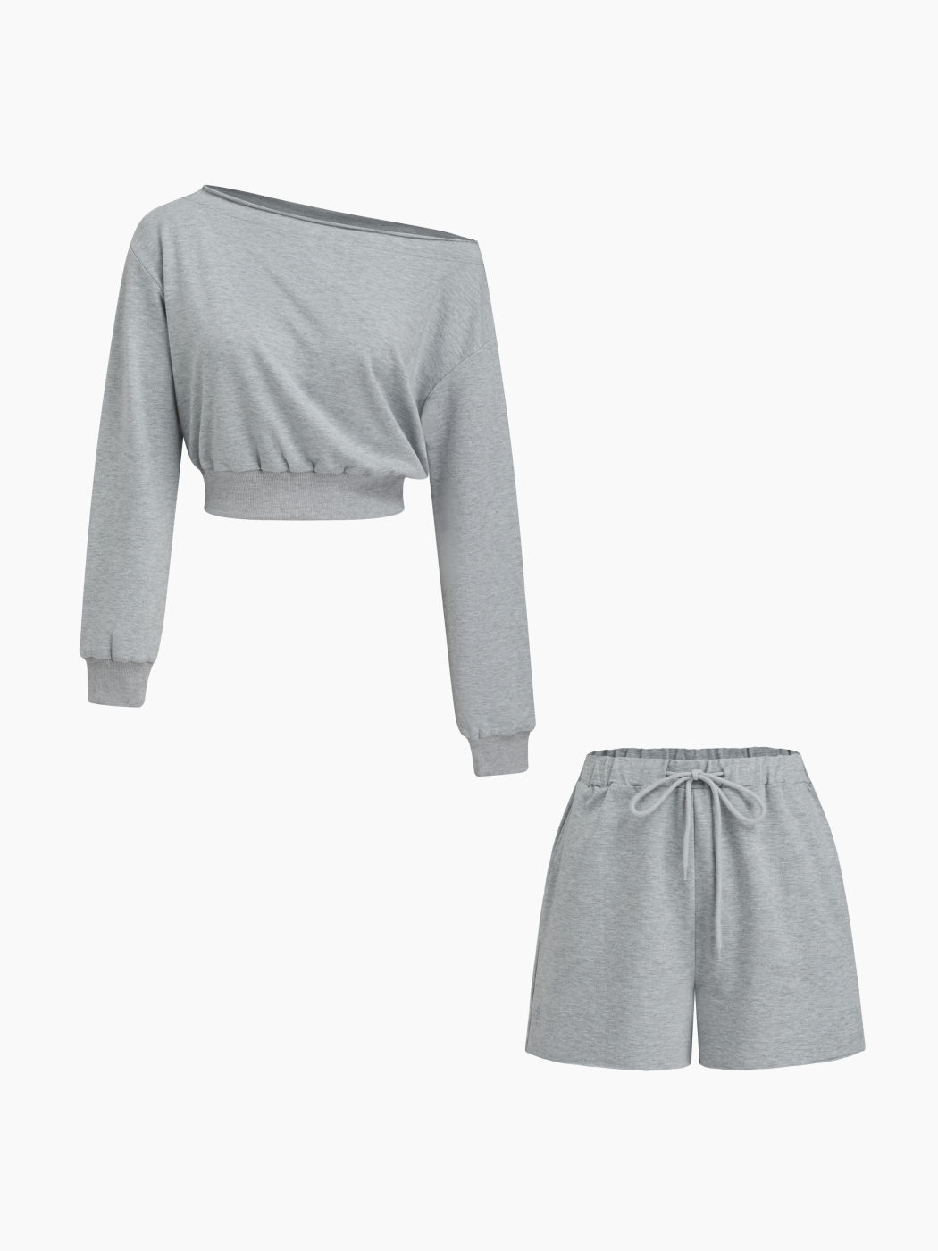 Terry Asymmetrical Neck Crop Top & Mid Rise Elastic Waist Knotted Shorts