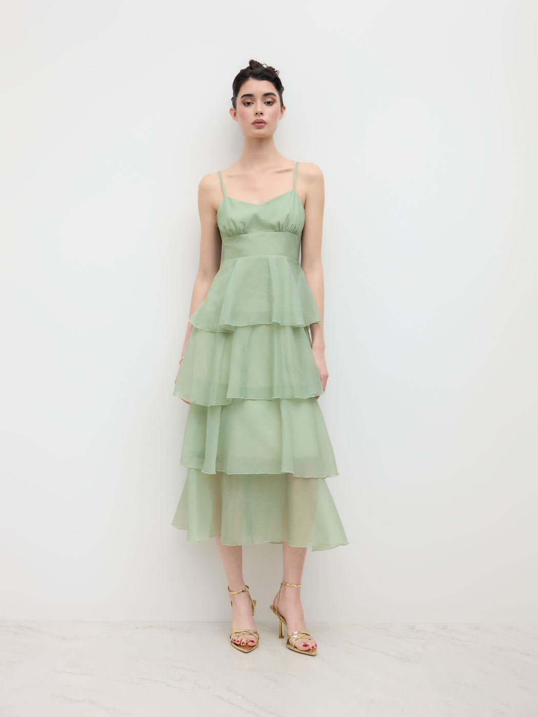 V-neck Ruffle Layered Shirred Maxi Dress