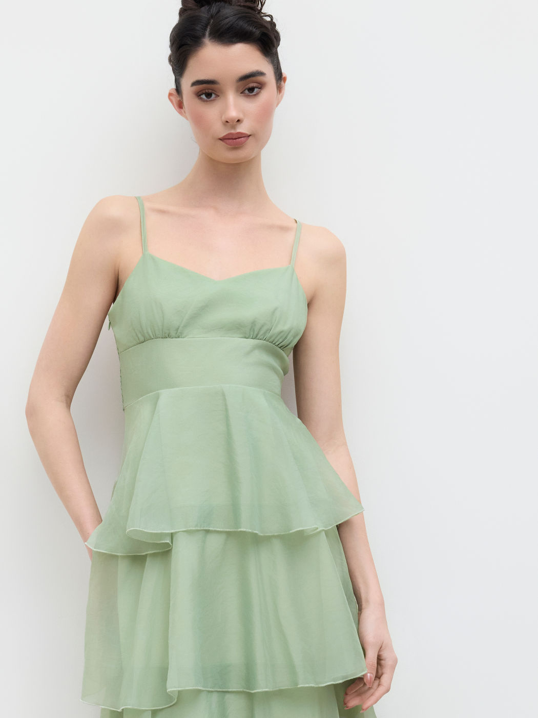 V-neck Ruffle Layered Shirred Maxi Dress