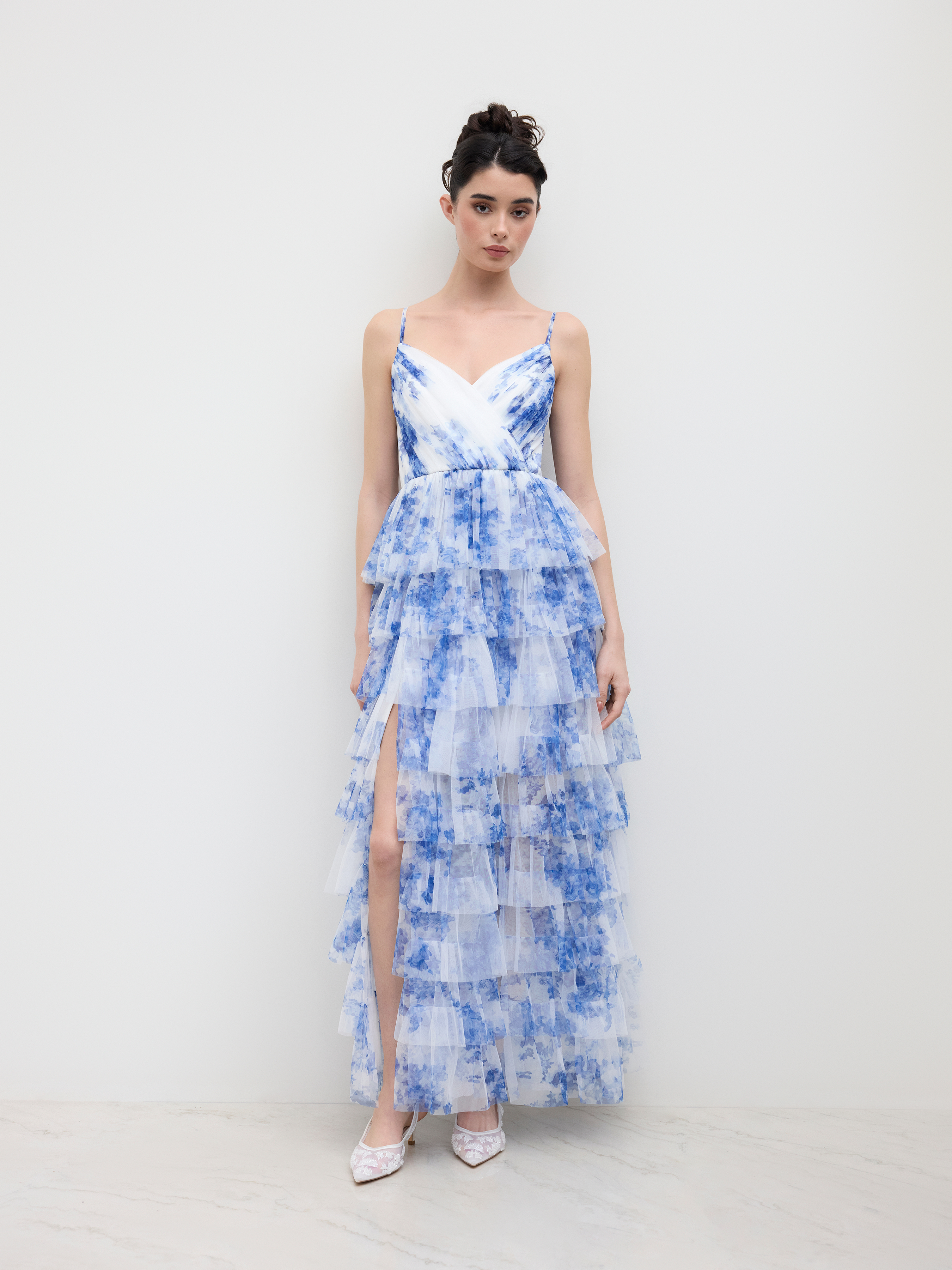 Mesh V-neck Floral Gradient Shirred Layered Maxi Dress