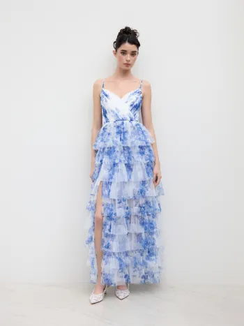 Mesh-V-Ausschnitt Blumenmuster Maxikleid mit Schichtungen und Shirring