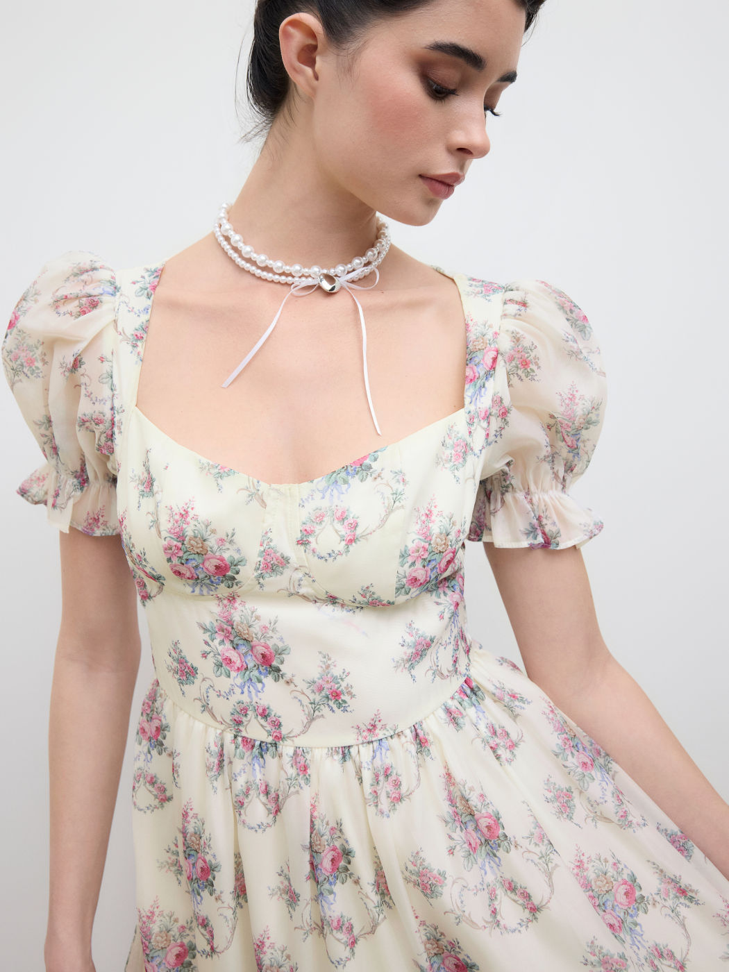Square Neck Floral Puff Sleeve Midi Dress