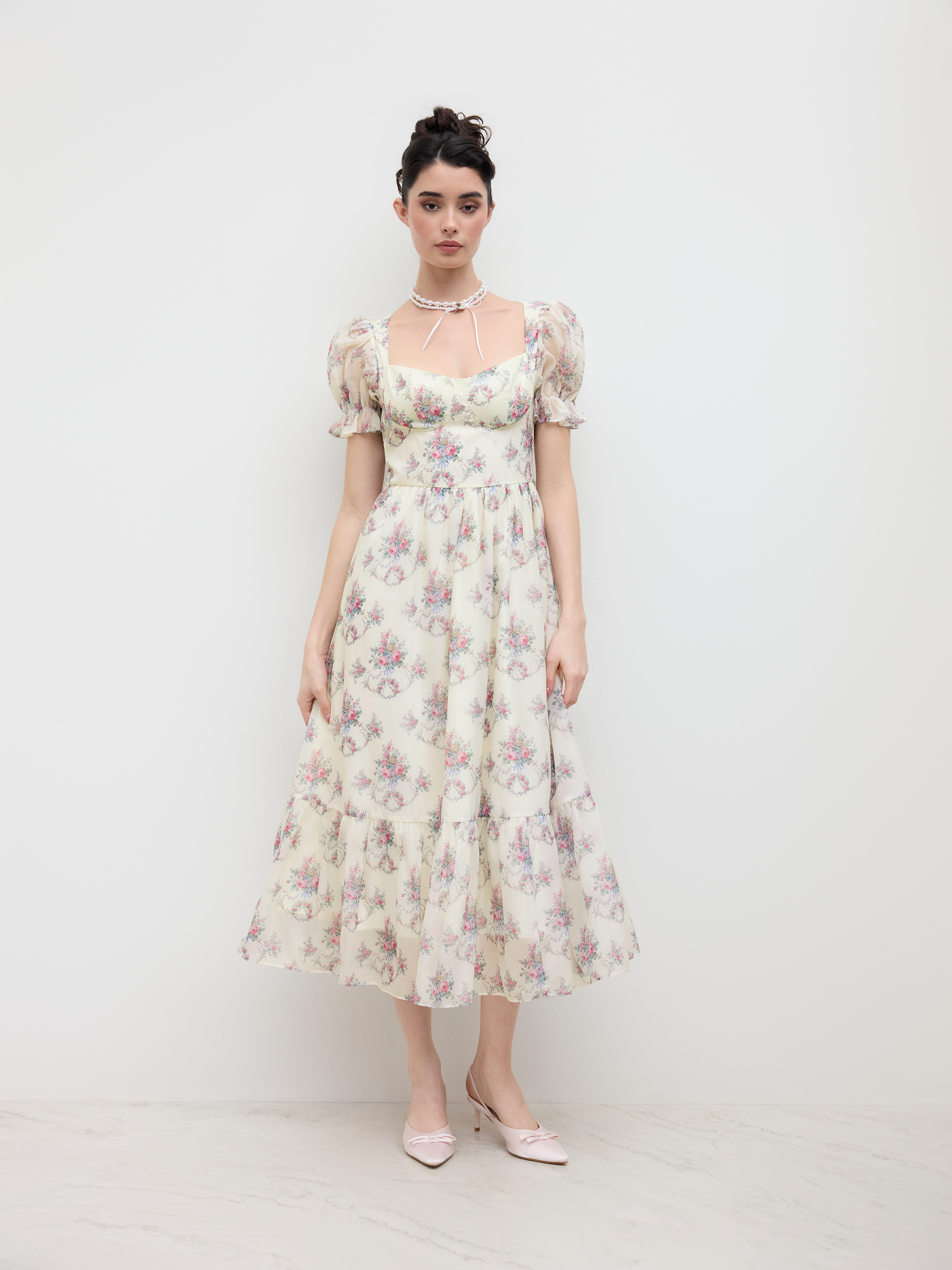 Woven Square Neck Floral Puff Sleeve Midi Dress For Date