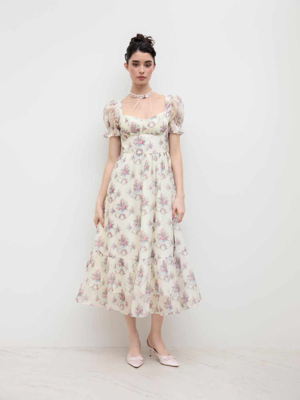 Square Neck Floral Puff Sleeve Midi Dress