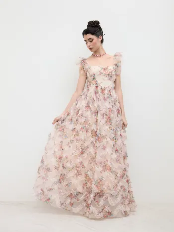 Maxikleid mit Maschen, quadratischem Halsrand, Blumenmuster, Salatrand und Schnürung