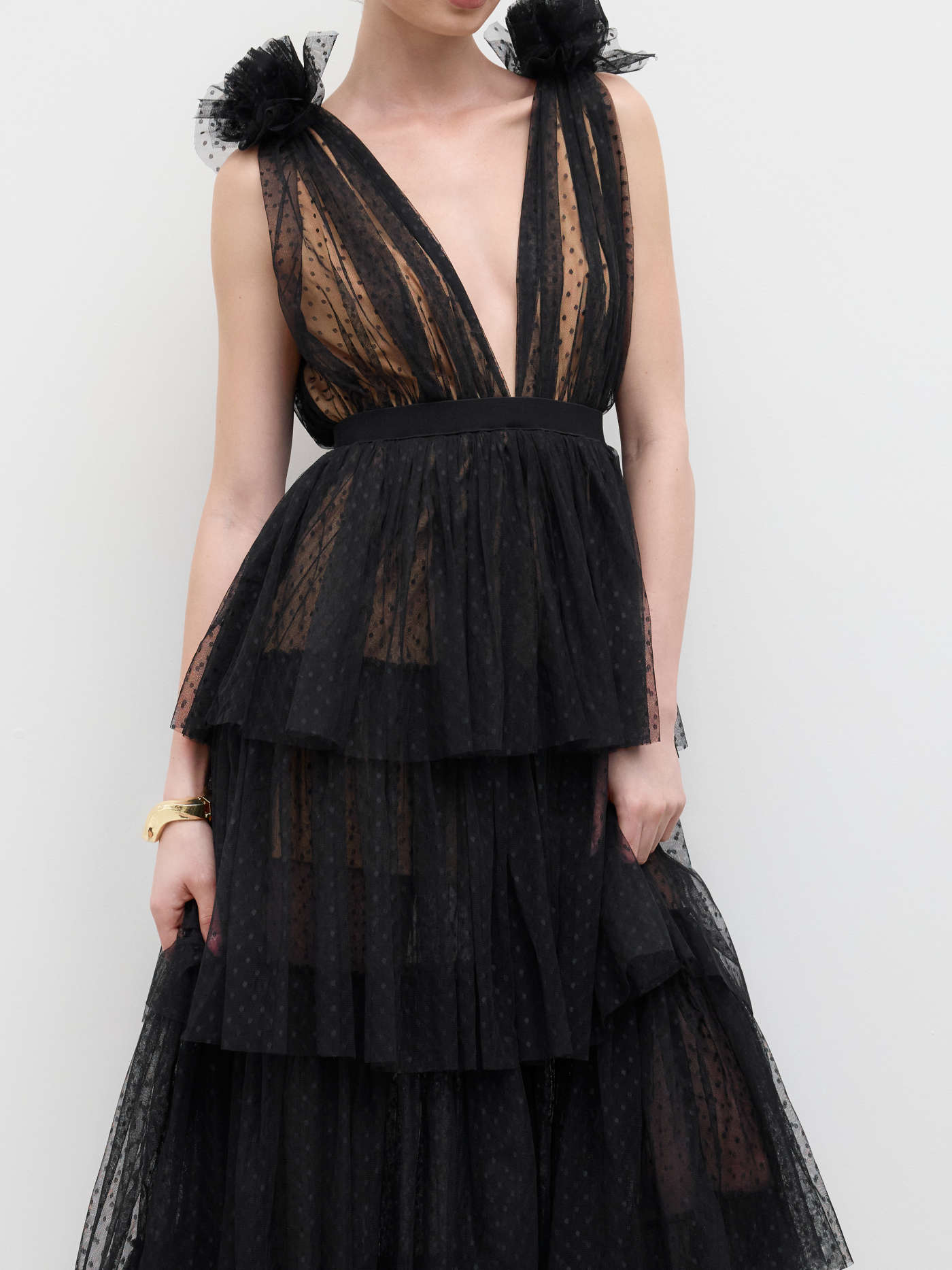 Mesh Mesh V-neck Polka Dot Tulle Layered Maxi Dress For Wedding