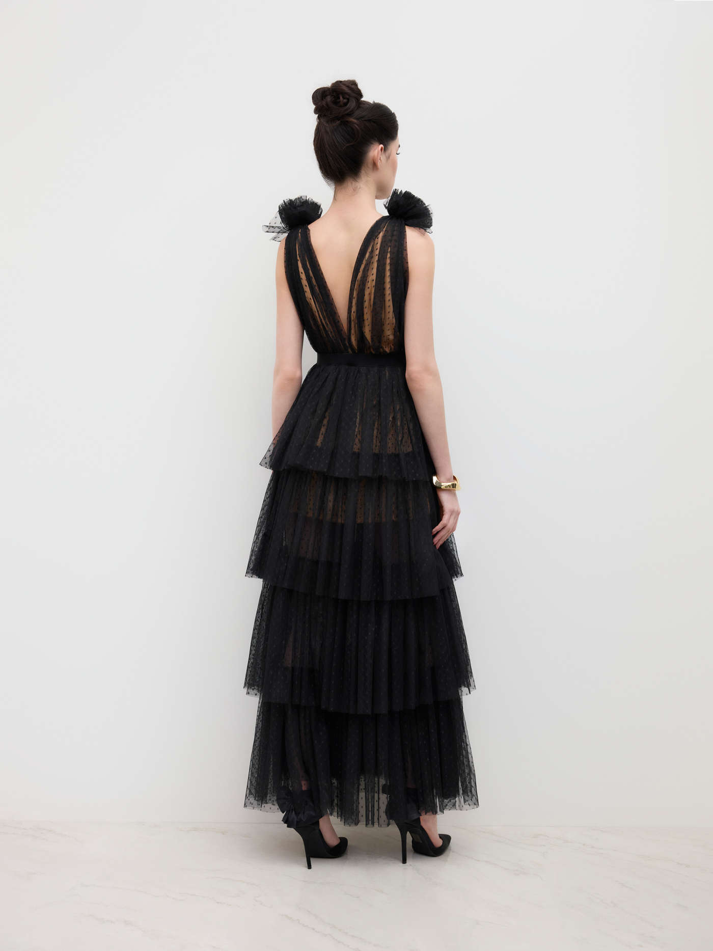 Mesh Mesh V-neck Polka Dot Tulle Layered Maxi Dress For Wedding