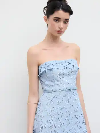 Lace Strapless Guipure Bandeau Midi Dress With Belt
