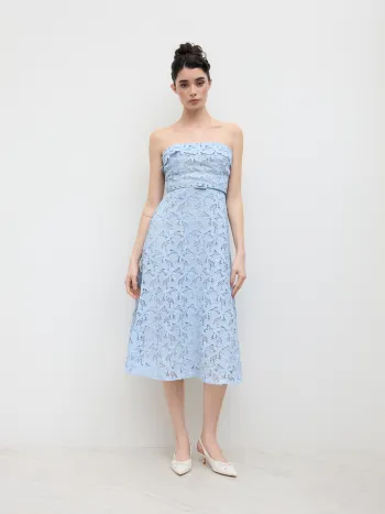 Lace Strapless Guipure Bandeau Midi Dress With Belt