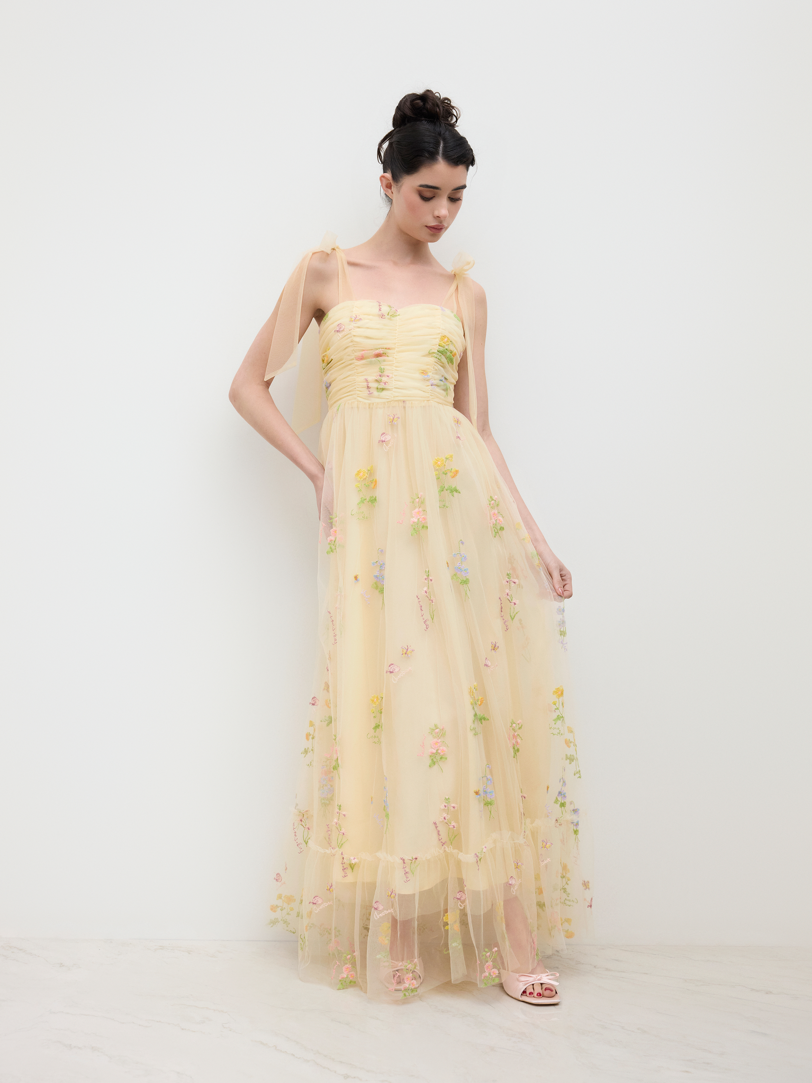 Mesh Mesh Square Neck Floral Embroidery Corset Tulle Midi