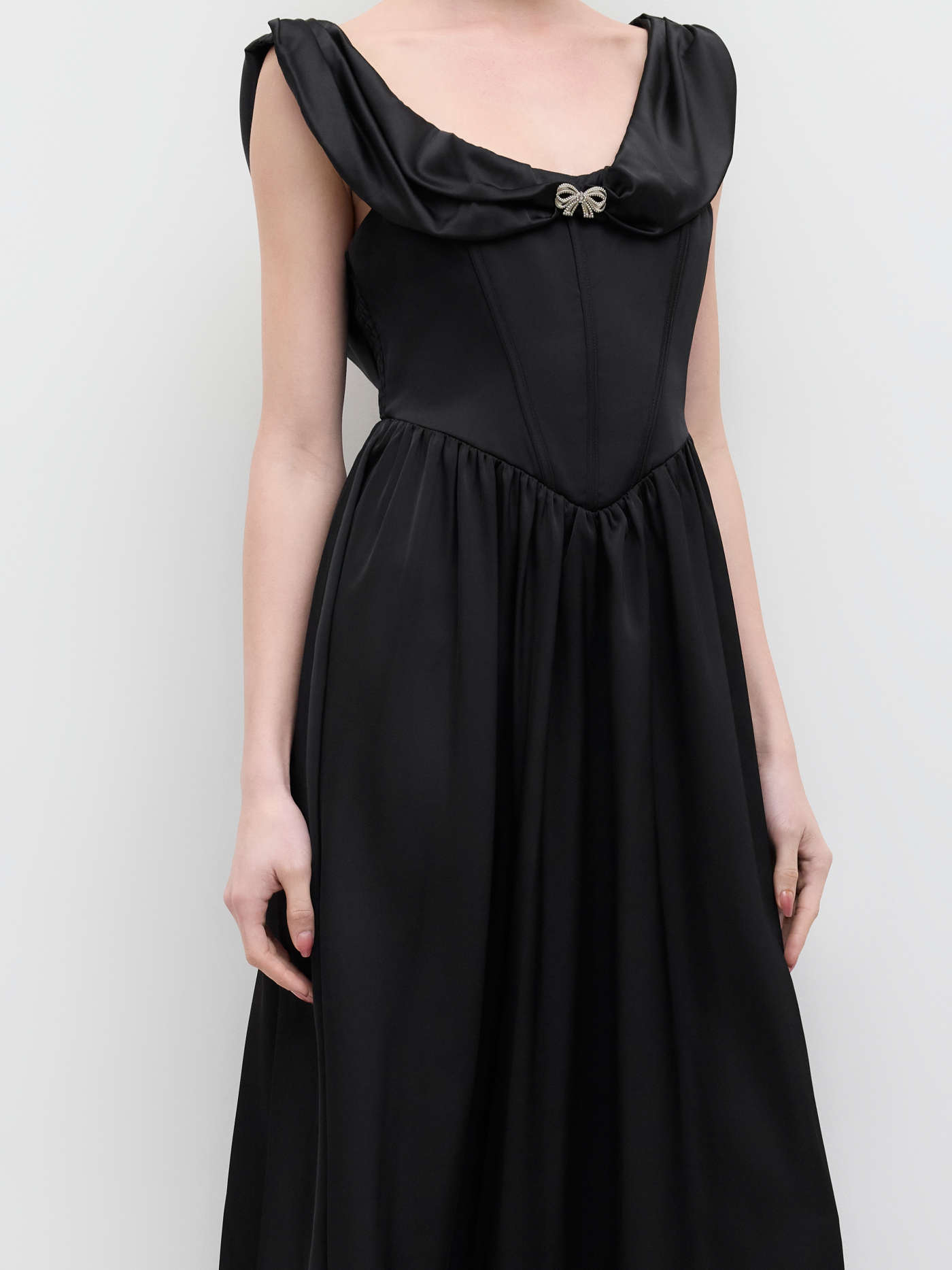Square Neck Rhinestone Bowknot Corset Ruffle Maxi Dress