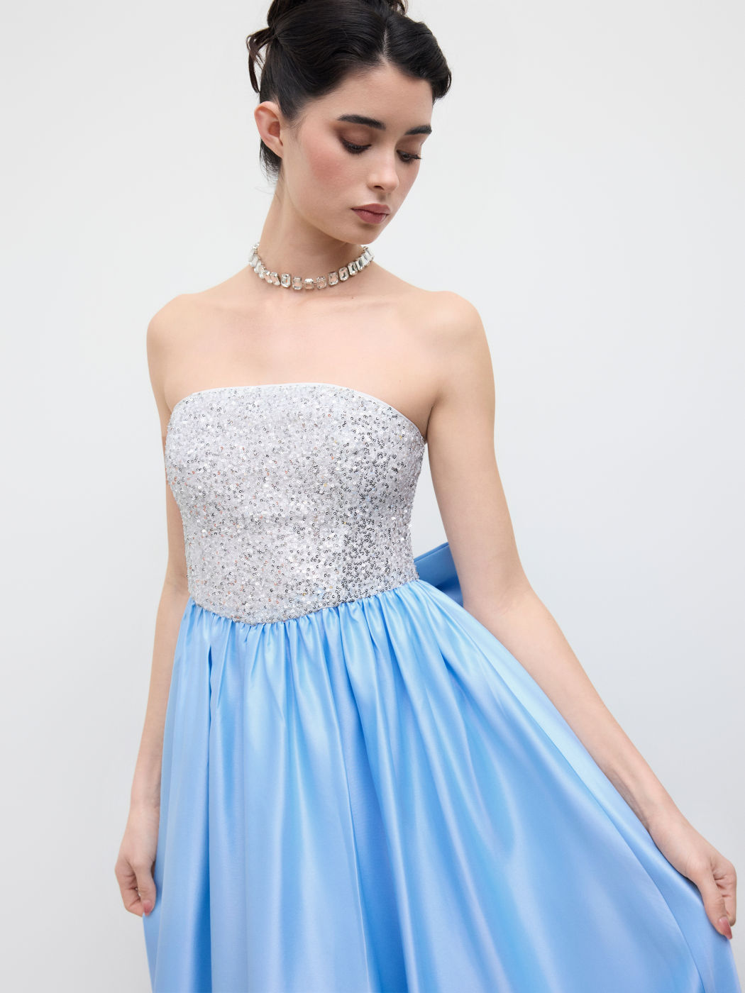 Satin Bandeau Sequin Bowknot Ruffle Maxi Dress
