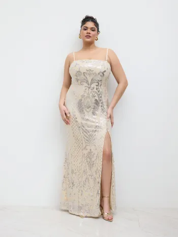 Abito lungo con spacco floreale e paillettes Curve & Plus