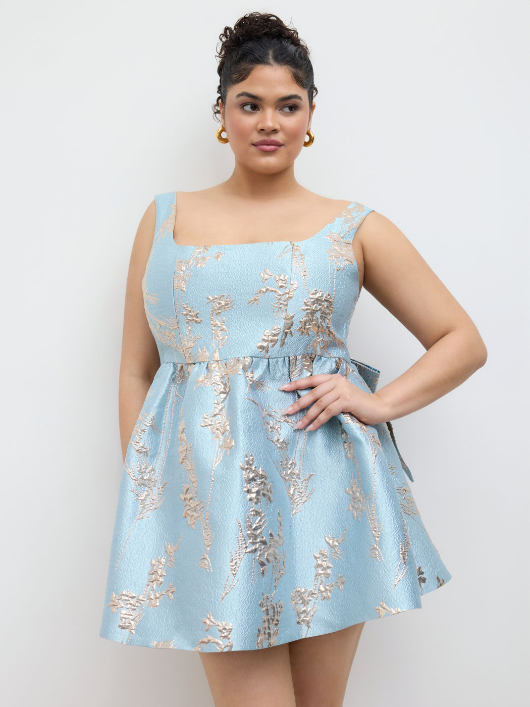 Jacquard Square Neck Floral Bowknot Mini Dress Curve & Plus