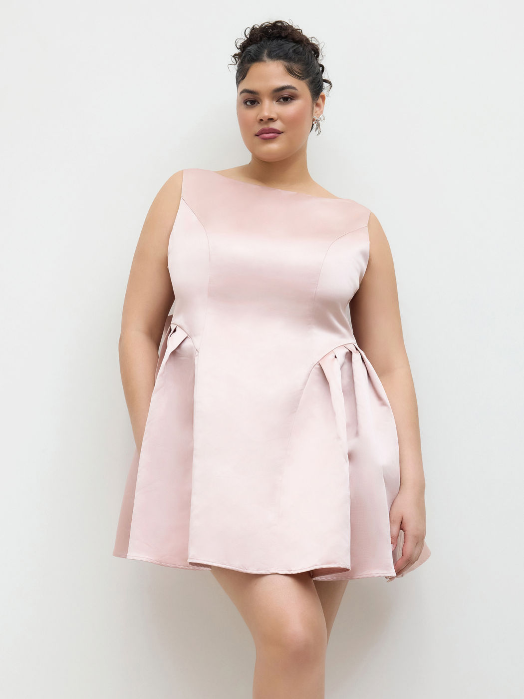 Satin Boat Neck Bowknot Mini Dress Curve & Plus