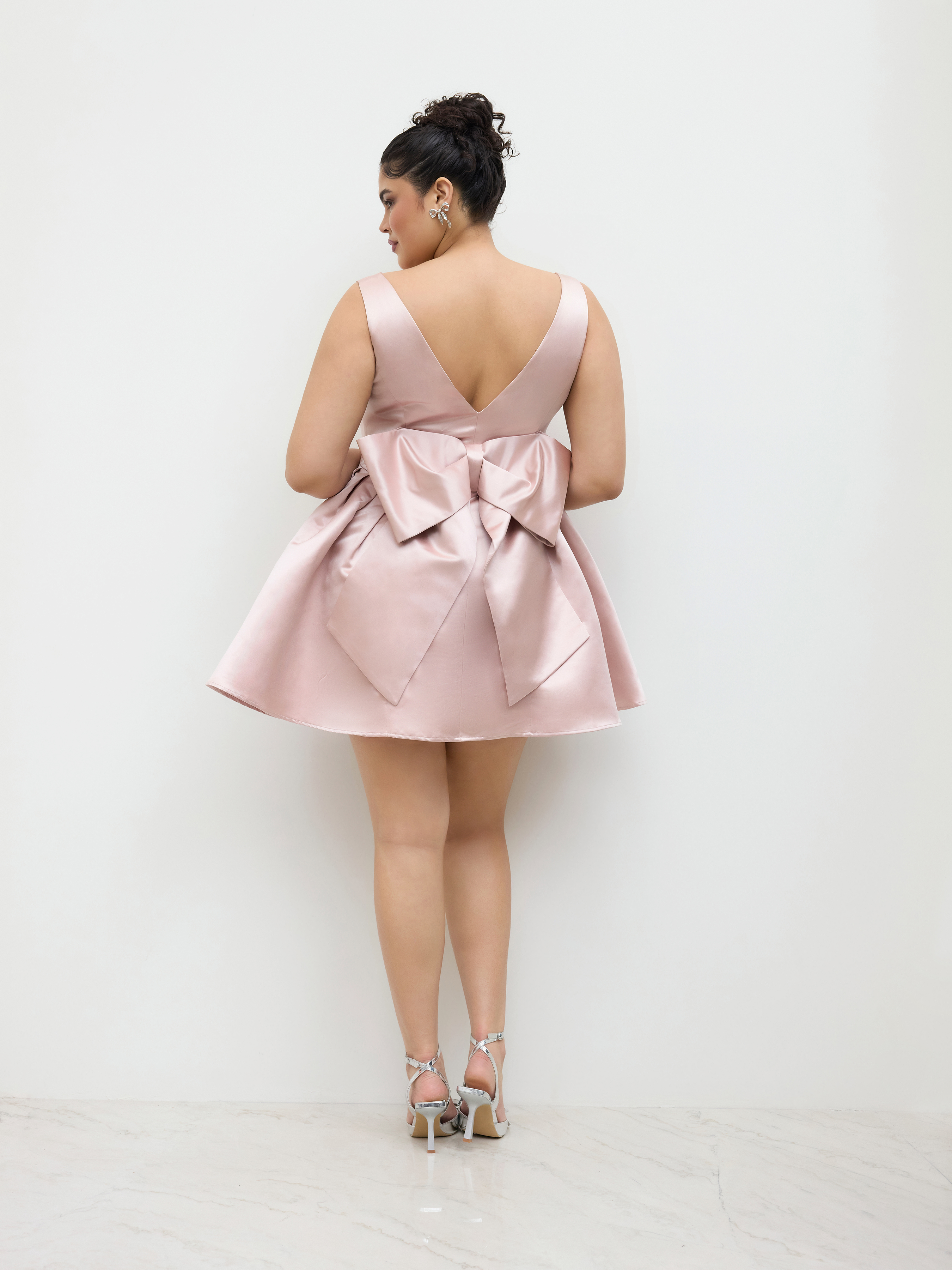 Satin Boat Neck Bowknot Mini Dress Curve & Plus