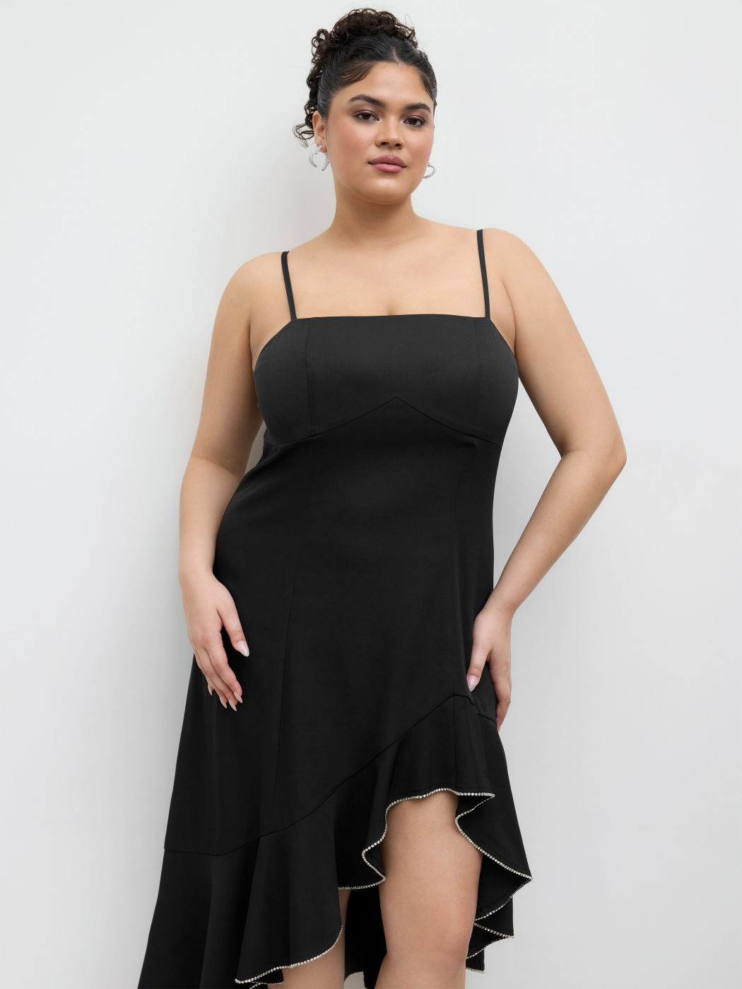 Rhinestone Asymmetrical Ruffle Hem Maxi Dress Curve & Plus