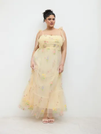 Mesh Square Neck Butterfly & Floral Knotted Maxi Dress Curve & Plus