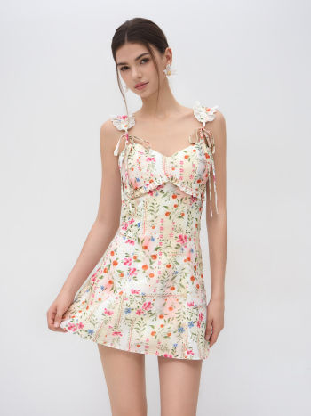 Sweetheart Neckline Floral Broderie Anglaise Trim Knotted Mini Dress